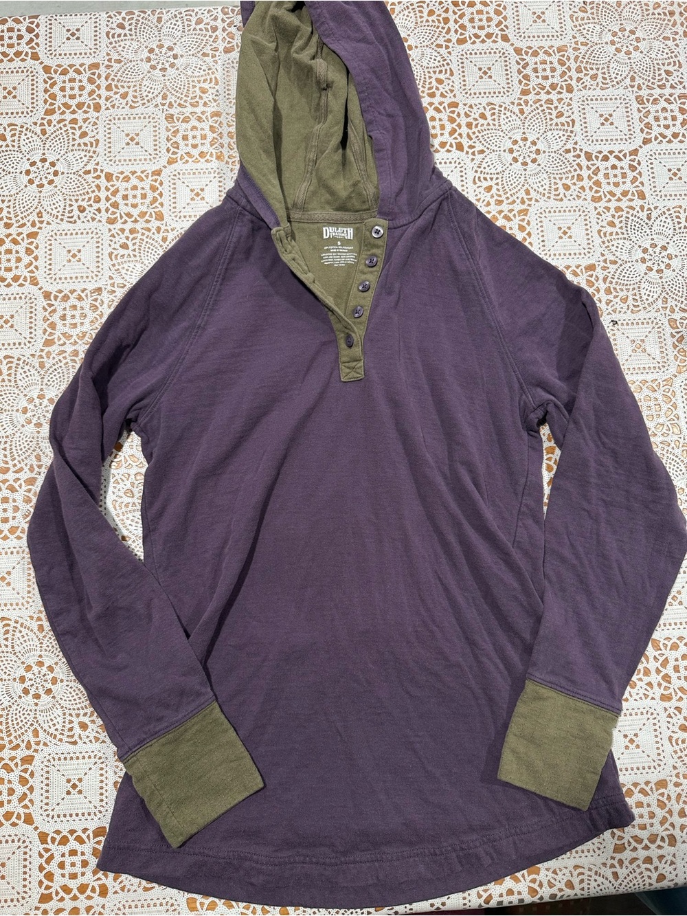 Duluth Trading Co Purple Olive Hooded Henley Shirt Womens Small Long Sleeve